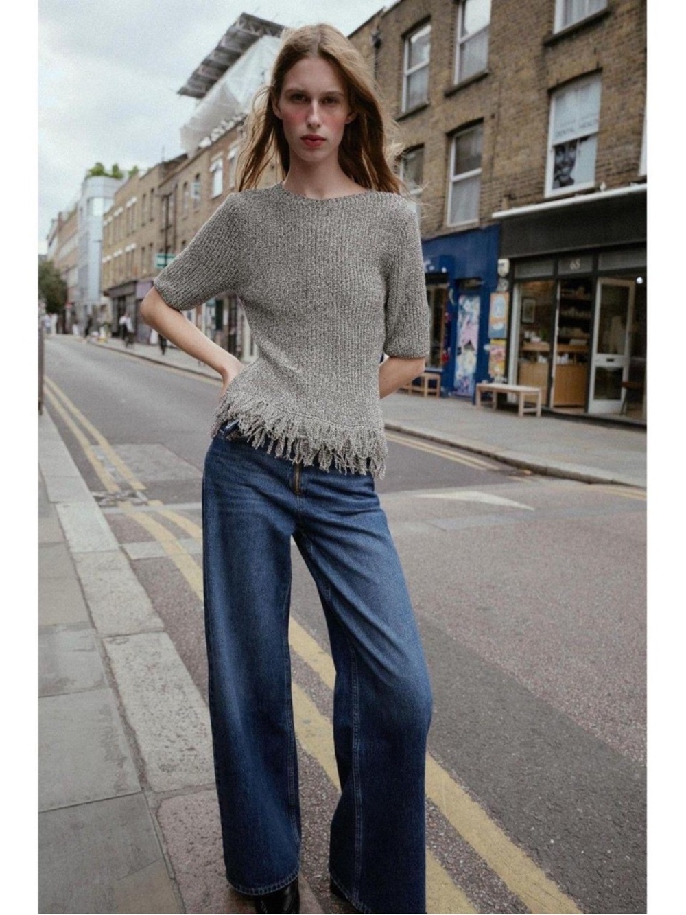 Zara Fitted Fringed Knit Top - Brown/Ecru - size S